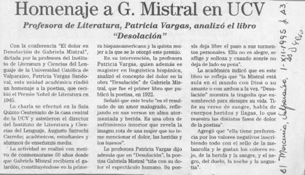 Homenaje a G. Mistral en UCV  [artículo].
