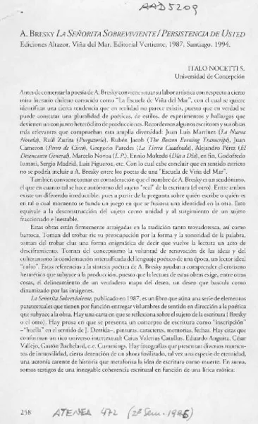 A. Bresky, "La señorita sobreviviente Persistencia de usted"  [artículo] Italo Nocetti S.