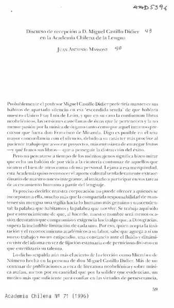 Discurso de recepción a D. Manuel Castillo Didier en la Academia Chilena de la Lengua  [artículo] Juan Antonio Massone.