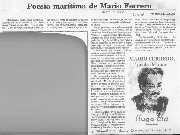 Poesía marítima de Mario Ferrero  [artículo] Marino Muñoz Lagos.