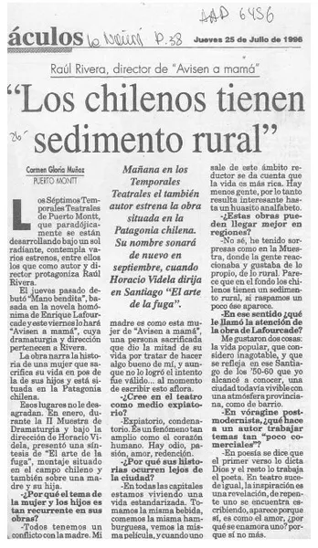"Los chilenos tienen sedimento rural" [entrevista] [artículo] : Carmen Gloria Muñoz.