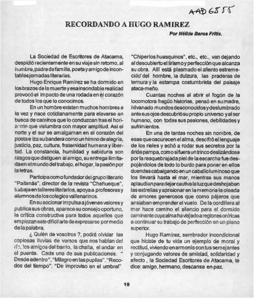 Recordando a Hugo Ramírez  [artículo] Nélida Baros Fritis.