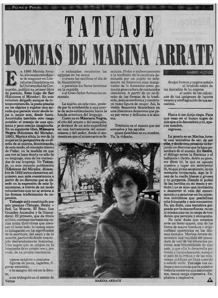 Tatuaje, poemas de Marina Arrate  [artículo] Gabriel Alonso.