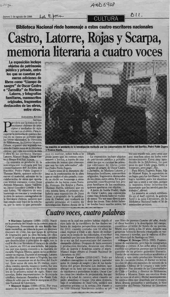 Castro, Latorre, Rojas y Scarpa, memoria literaria a cuatro voces  [artículo] Alejandra Rivera.