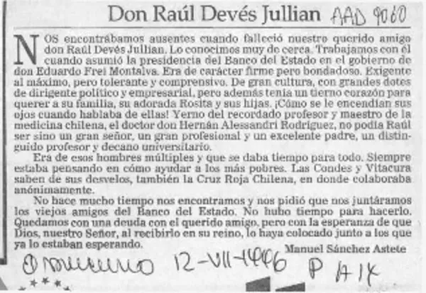Don Raúl Devés Jullian  [artículo] Manuel Sánchez Astete.
