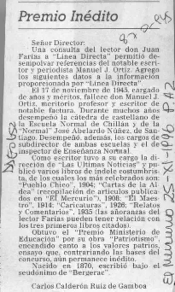 Premio inédito  [artículo] Carlos Calderón Ruiz de Gamboa.