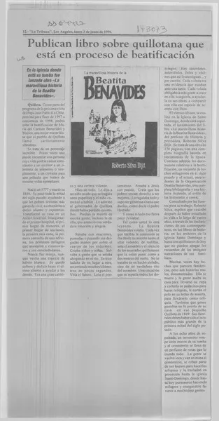 Publican libro sobre quillotana que está en proceso de beatificación  [artículo].