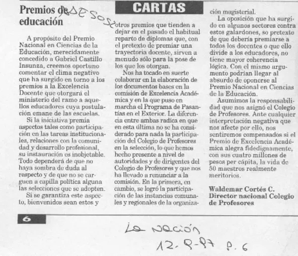 Premios de educación  [artículo] Waldemar Cortés C.