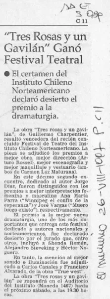 "Tres rosas y un gavilán" ganó festival teatral  [artículo].