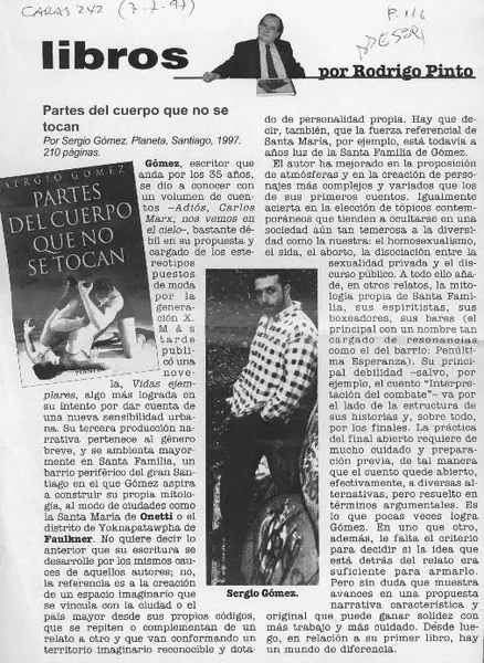 Partes del cuerpo que no se tocan  [artículo] Rodrigo Pinto.