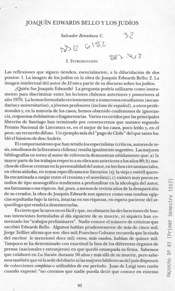 Joaquín Edwards Bello y los judíos  [artículo] Salvador Benadava C.