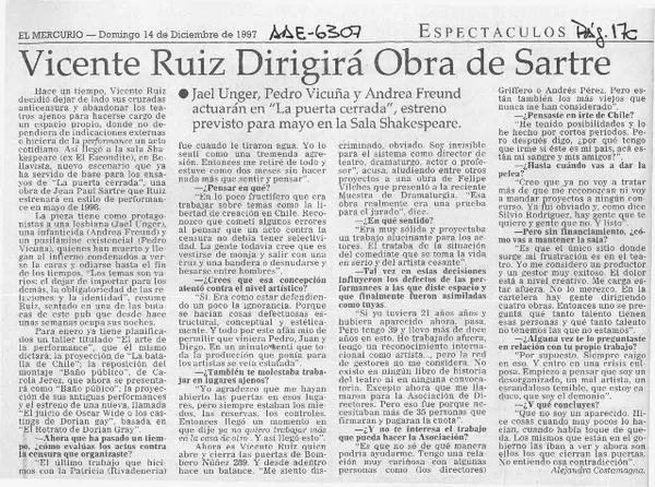 Vicente ruiz dirigirá obra de Sartre  [artículo] Alejandra Costamagna.