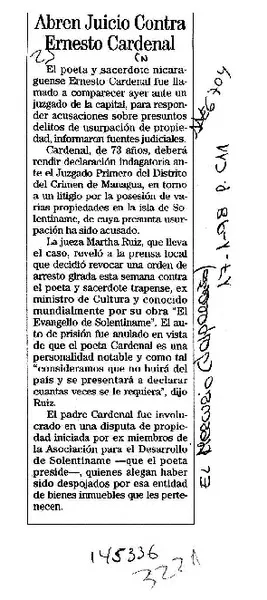 Abren juicio contra Ernesto Cardenal  [artículo].