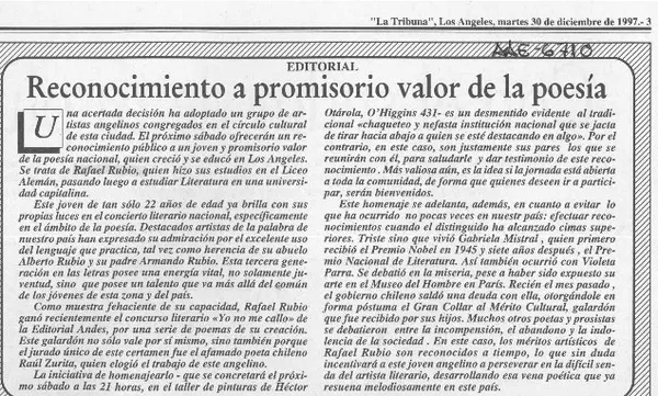 Reconocimiento a promisorio valor de la poesía  [artículo].
