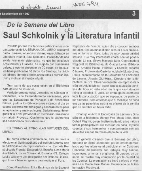 Saúl Schkolnik y la literatura infantil  [artículo].