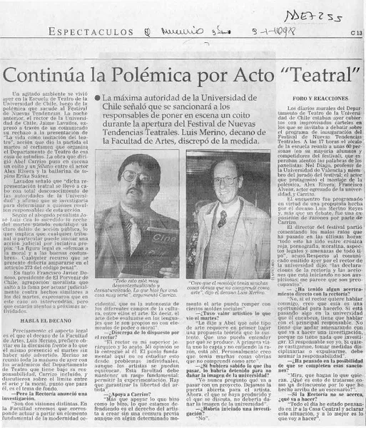 Continúa la polémica por acto "Teatral"  [artículo].