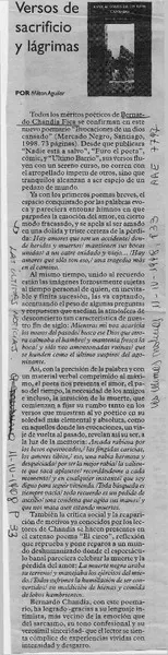 Versos de sacrificio y lágrimas  [artículo] Milton Aguilar.