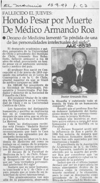 Hondo pesar por muerte de médico Armando Roa  [artículo].
