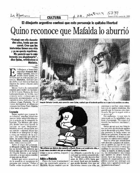 Quino reconoce que Mafalda lo aburrió  [artículo].
