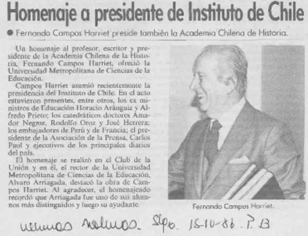 Homenaje a presidente de Instituto de Chile  [artículo].