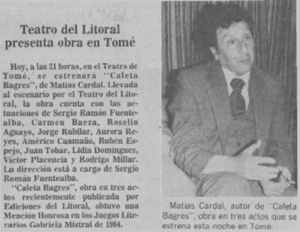 Teatro del Litoral presenta obra en Tomé  [artículo].