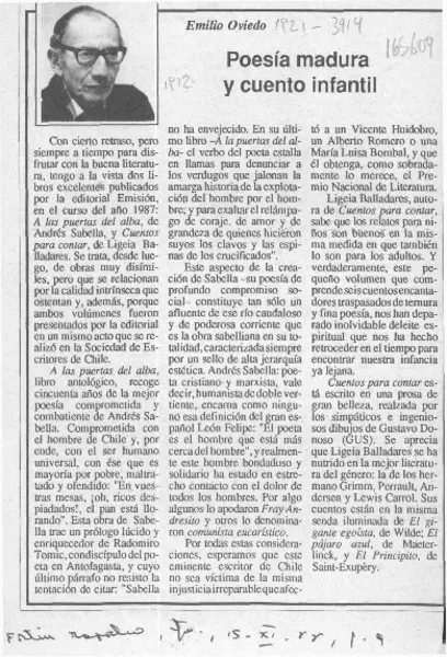 Poesía madura y cuento infantil  [artículo] Emilio Oviedo.