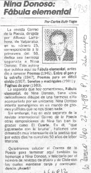 Nina Donoso, fábula elemental  [artículo] Carlos Ruiz Tagle.