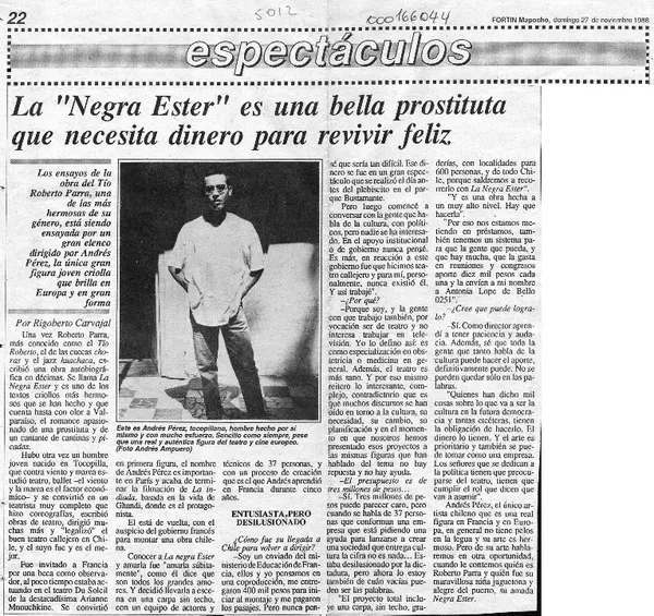 La "negra Ester" es una bella prostituta que necesita dinero para revivir feliz  [artículo] Rigoberto Carvajal.