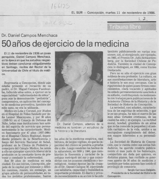 50 años de ejercicio de la medicina  [artículo] Sergio Carrasco Delgado.