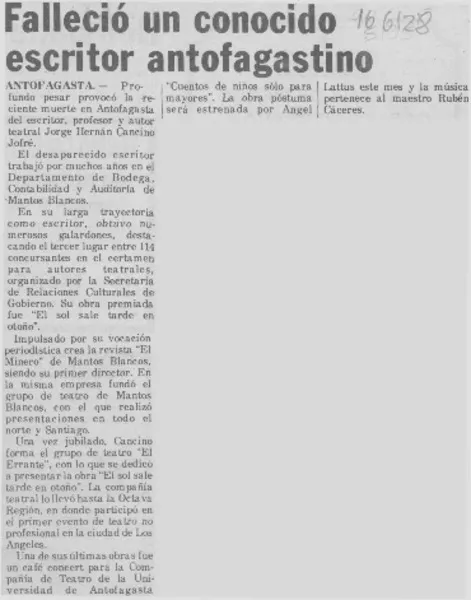 Falleció un conocido escritor antofagastino  [artículo].