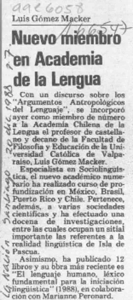 Nuevo miembro en Academia de la Lengua  [artículo].