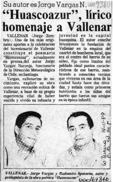 "Huascoazur", lírico homenaje a Vallenar  [artículo] Jorge Zambra.