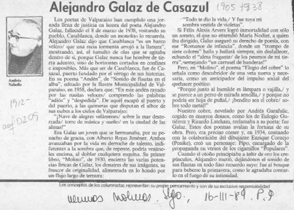 Alejandro Galaz de Casazul  [artículo] Andrés Sabella.