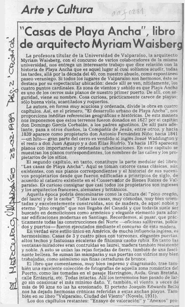 "Casas de Playa Ancha", libro de arquitecto Myriam Waisberg  [artículo] Fernando de la Lastra.