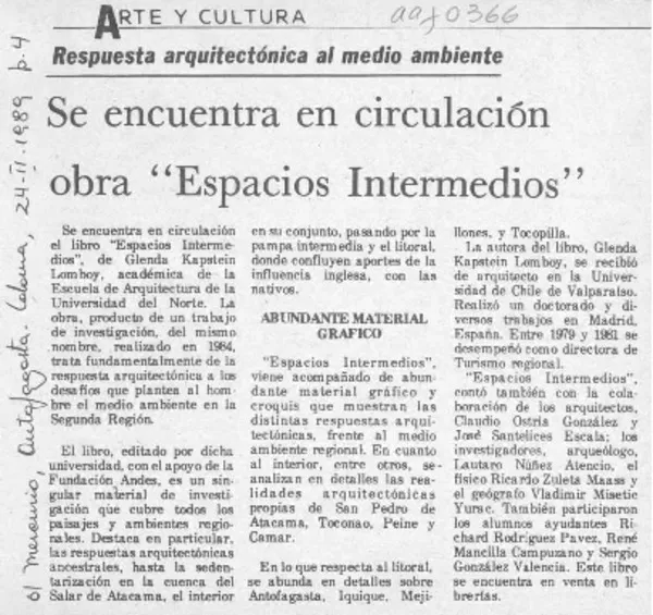 Se encuentra en circulación obra "Espacios intermedios"  [artículo].