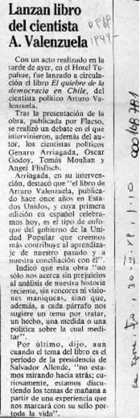 Lanzan libro del cientista A. Valenzuela  [artículo].