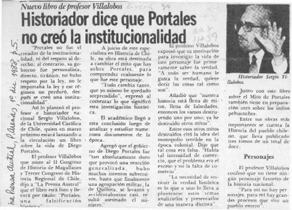Historiador dice que Portales no creó la institucionalidad  [artículo].