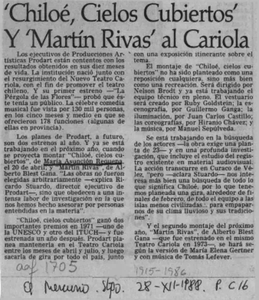 'Chiloé, cielos cubiertos' y 'Martín Rivas' al Cariola  [artículo].