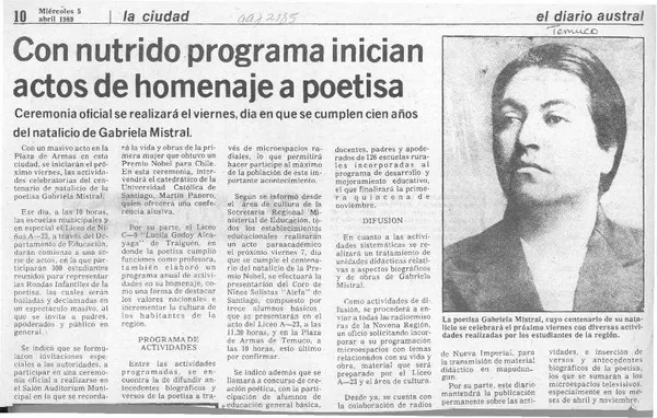 Con nutrido programa inician actos de homenaje a poetisa  [artículo].
