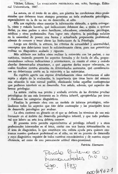Vilches, Liliana, "La evaluación psicológica del niño"  [artículo] Patricia Eissmann.