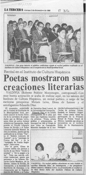 Poetas mostraron sus creaciones literarias  [artículo] Roberto Poblete Montenegro.