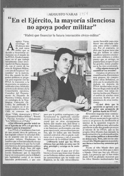 "En el Ejército, la mayoría silenciosa no apoya poder militar"  [artículo] Mónica González.