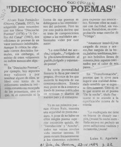 "Dieciocho poemas"  [artículo] Luis E. Aguilera.
