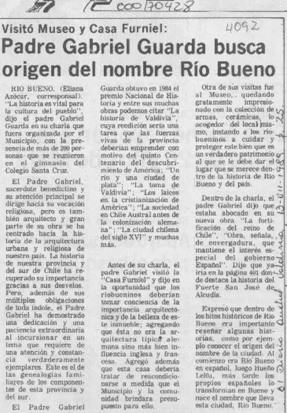 Padre Gabriel Guarda busca origen del nombre Río Bueno  [artículo] Eliana Azócar.