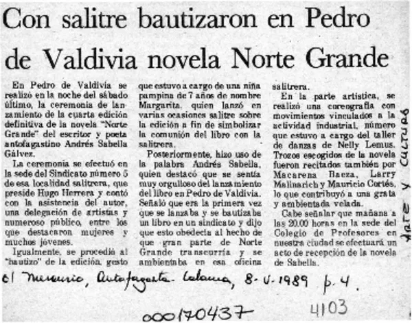 Con salitre bautizaron en Pedro de Valdivia novela Norte Grande  [artículo].