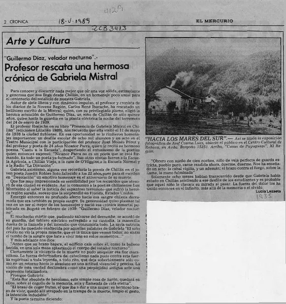 Profesor rescata una hermosa crónica de Gabriela Mistral  [artículo] Lucía Lezaeta.