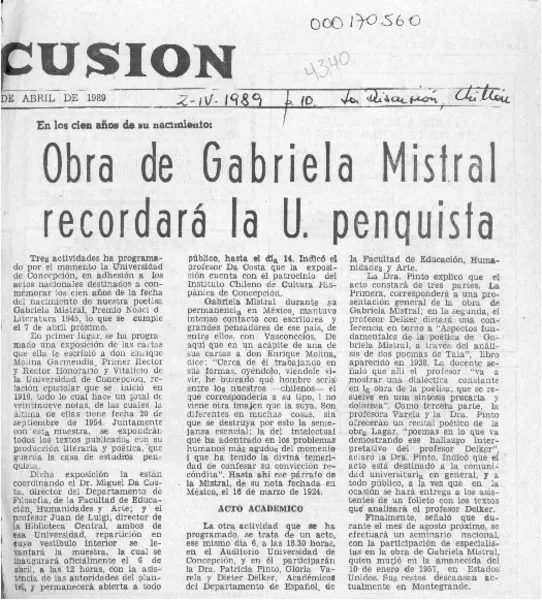 Obra de Gabriela Mistral recordará la U. penquista  [artículo].