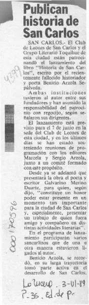 Publican historia de San Carlos  [artículo].