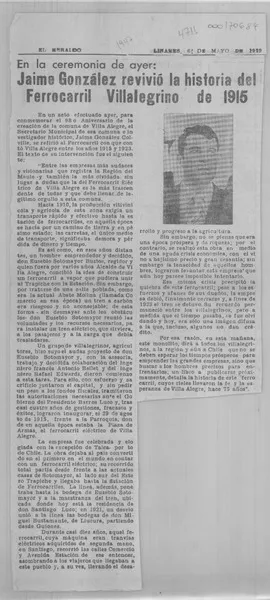 Jaime González revivió la historia del ferrocarril villalegrino de 1915  [artículo].