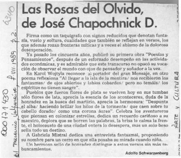 Las rosas del olvido, de José Chapochnick D.  [artículo] Adolfo Schwarzenberg.